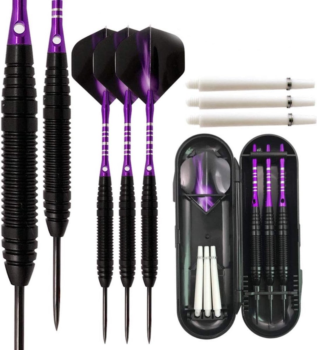 SnelShoppen - Professionele Steel Darts 3 Pack - Tungsten 22g Met Aluminium Schachten, Ijzeren Barrel, Stalen Punt En Extra Schachten (Paars)