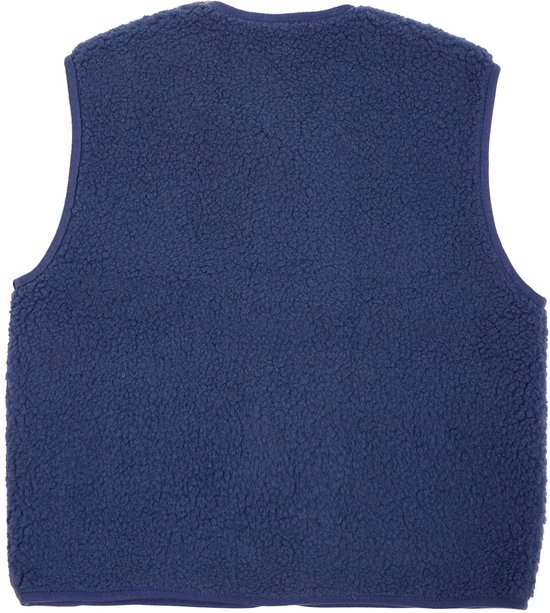 Achterkant van een donkerblauwe teddy bodywarmer met een effen teddy textuur.