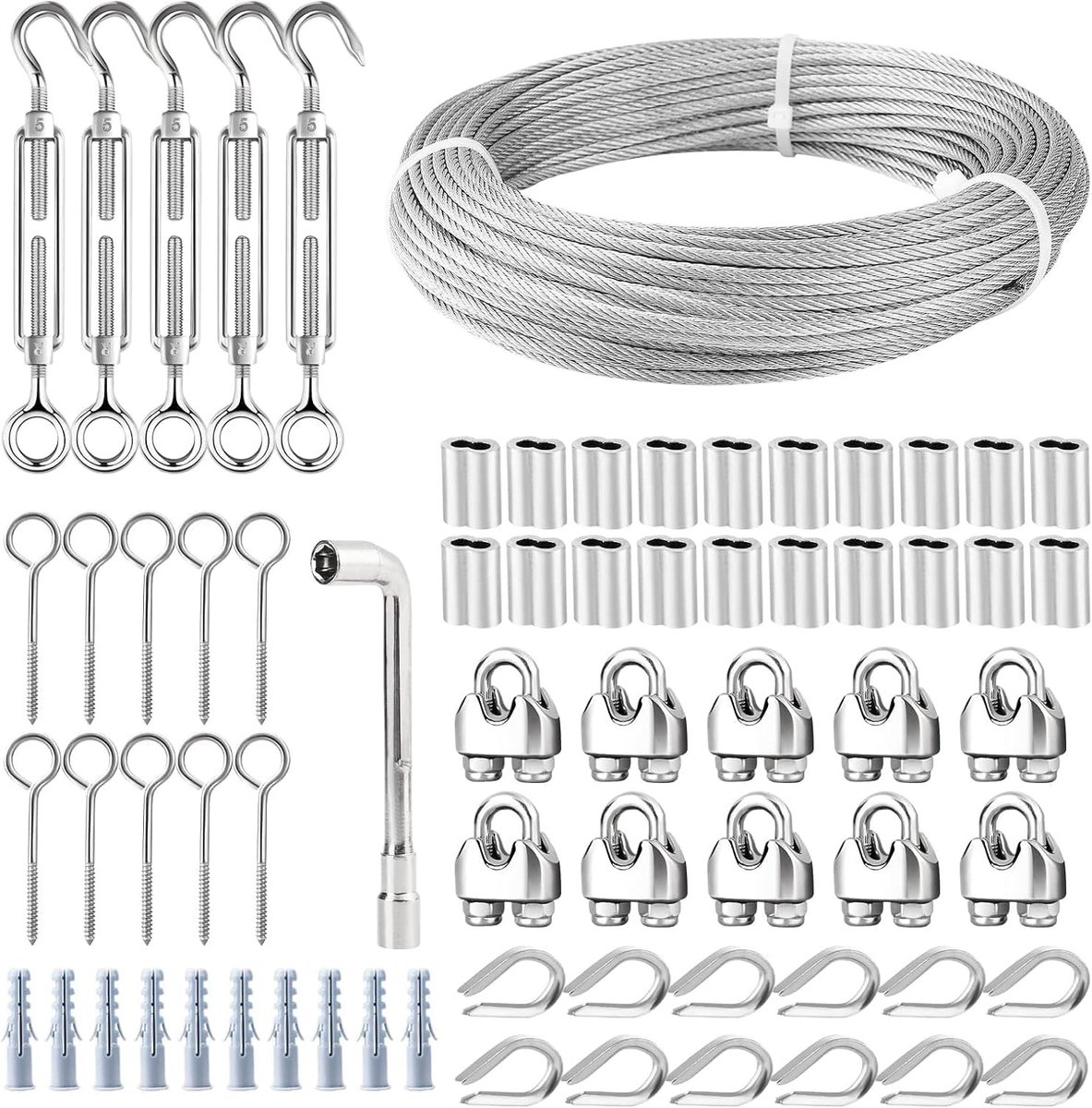 30M Φ3mm Draad Touw Set voor Tuin, Sterk en Duurzaam voor Klimplanten, Inclusief RVS Spanningsset, Kabelclips en Tuinverlichting Ophangset