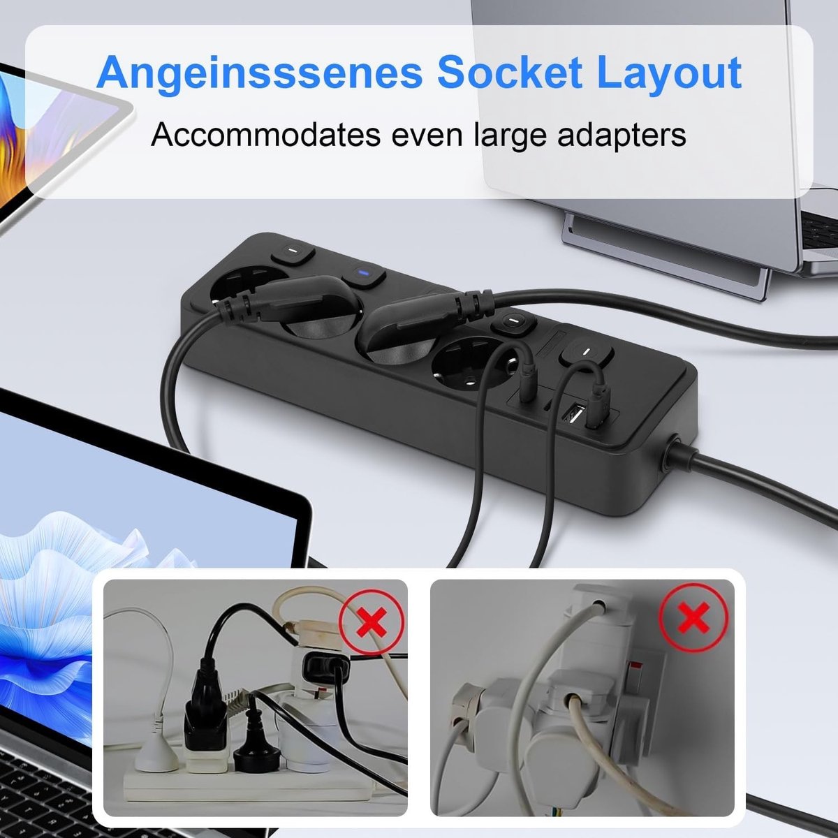 Stekkerdoos met USB-aansluitingen - Zwart - 2 m kabel - 4-voudig stopcontact met Schakelaars - Voor Thuis en Kantoor
