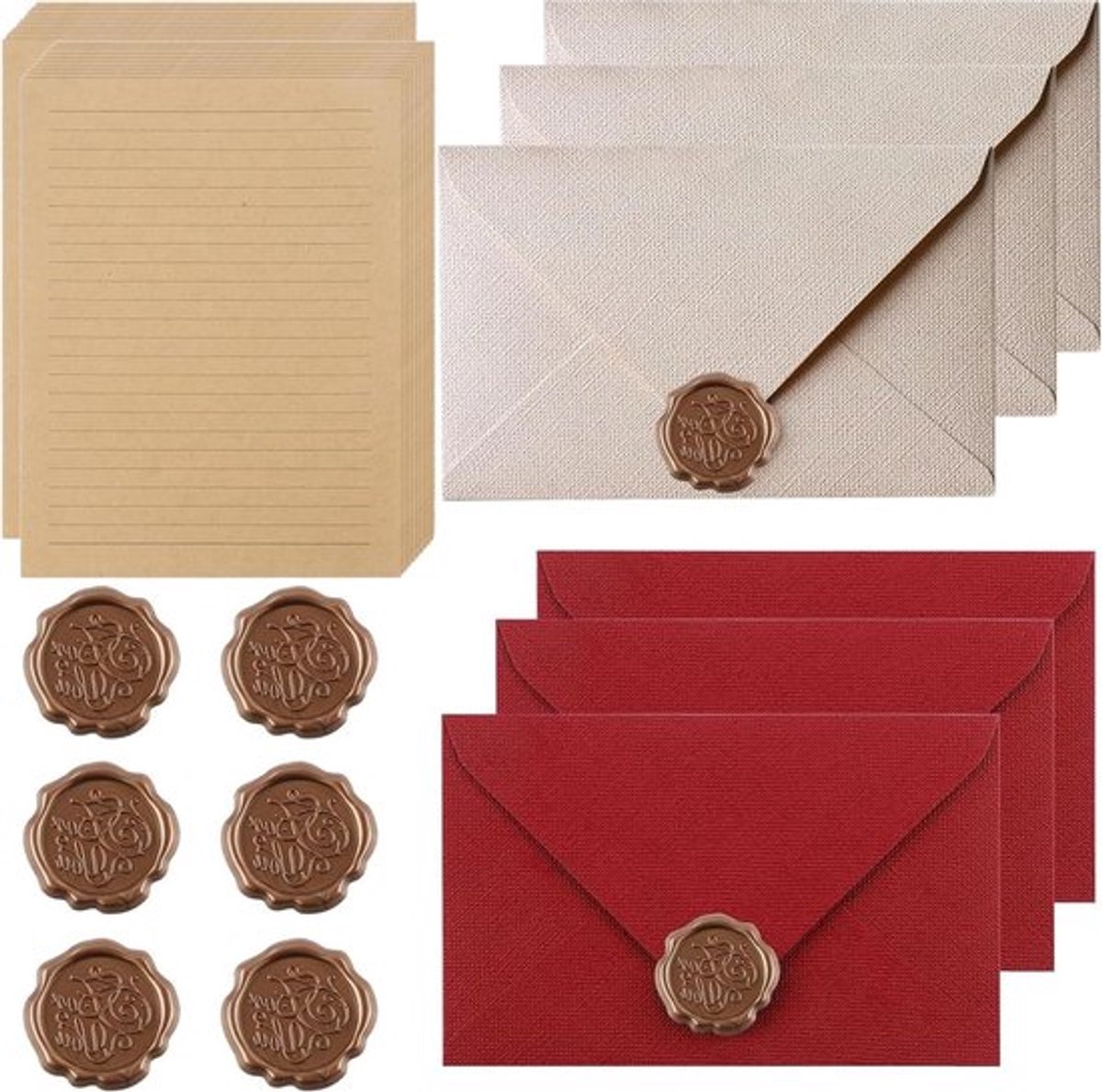 Vintage Briefpapier Set met Envelopes, 6 Linnen Envelopes en Waszegel, 20 A5 Schrijfpapier voor Trouwinvites en Wenskaarten, Perfect voor Elegante Correspondentie