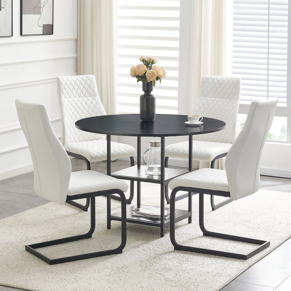 REDOM - Set tafel en stoelen - Ronde eettafel met dubbele opbergniveaus - 4 stoelen met ruitpatroon - Industrieel - MDF en metaal - Zwart/Wit - 107 x 107 x 75 cm