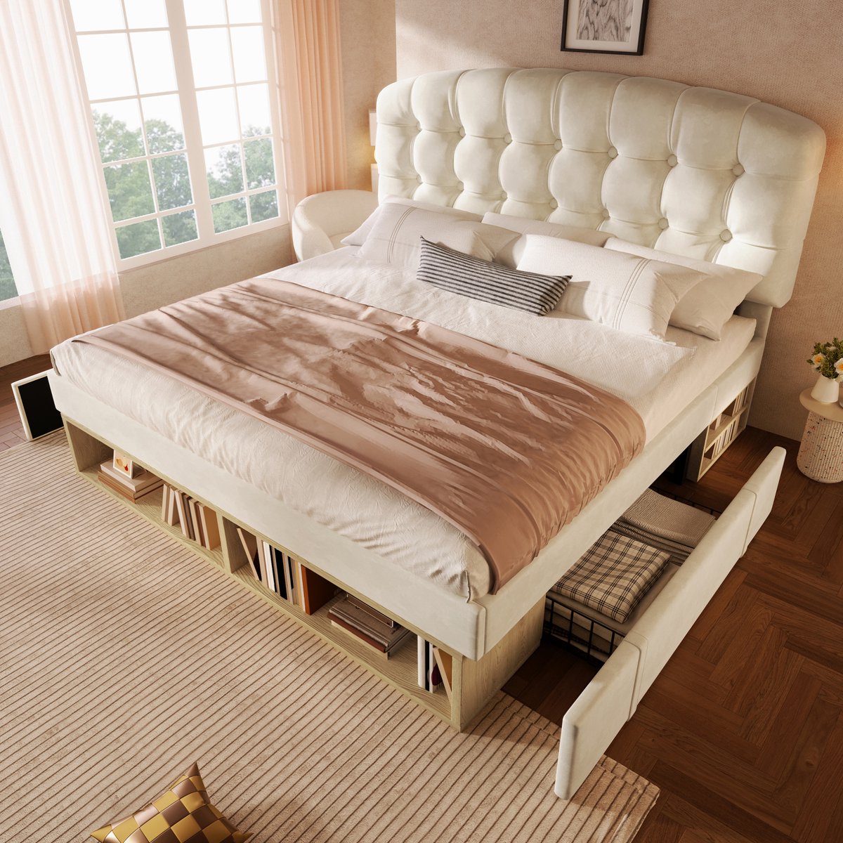 REDOM - Bedframe - Verstelbaar hoofdeinde - Met lades en open opbergruimte - Lattenbodem - Slaapkamer - Stof en MDF - Beige - 197 x 151 x 110-120 cm