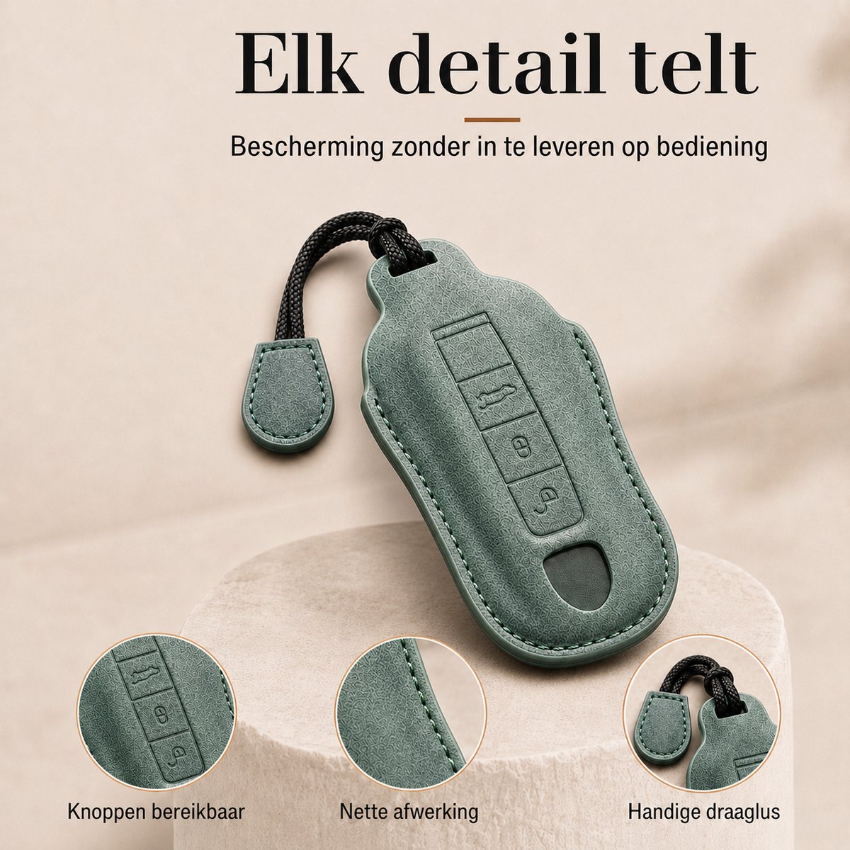 Autosleutelhoes Geschikt voor Porsche – Luxe PU-Leren Sleutelcover Type A met Draaglus – Volledige Beschermhoes voor Macan, Cayenne, Panamera, Taycan, 718 en 911 – Vintage Groen
