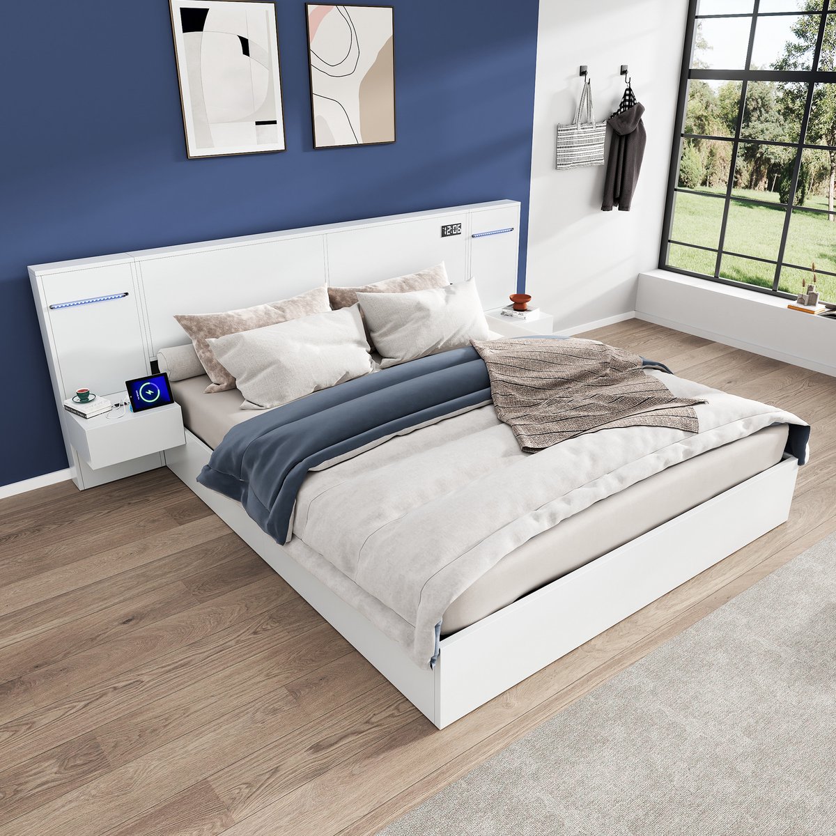 REDOM - Tweepersoonsbed - Bluetooth-luidspreker - Lattenbodem - USB-aansluiting en elektronische klok - Moderne stijl - Slaapkamer - MDF - Wit - 180 x 200 cm