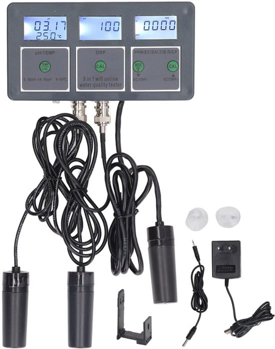 Waterkwaliteitstester 8-in-1 - PH/EC/TDS/ORP/Zout/SG/TEMP - 24-uurs online monitoringtool - iOS/Android compatibel - Accurate wateranalyse