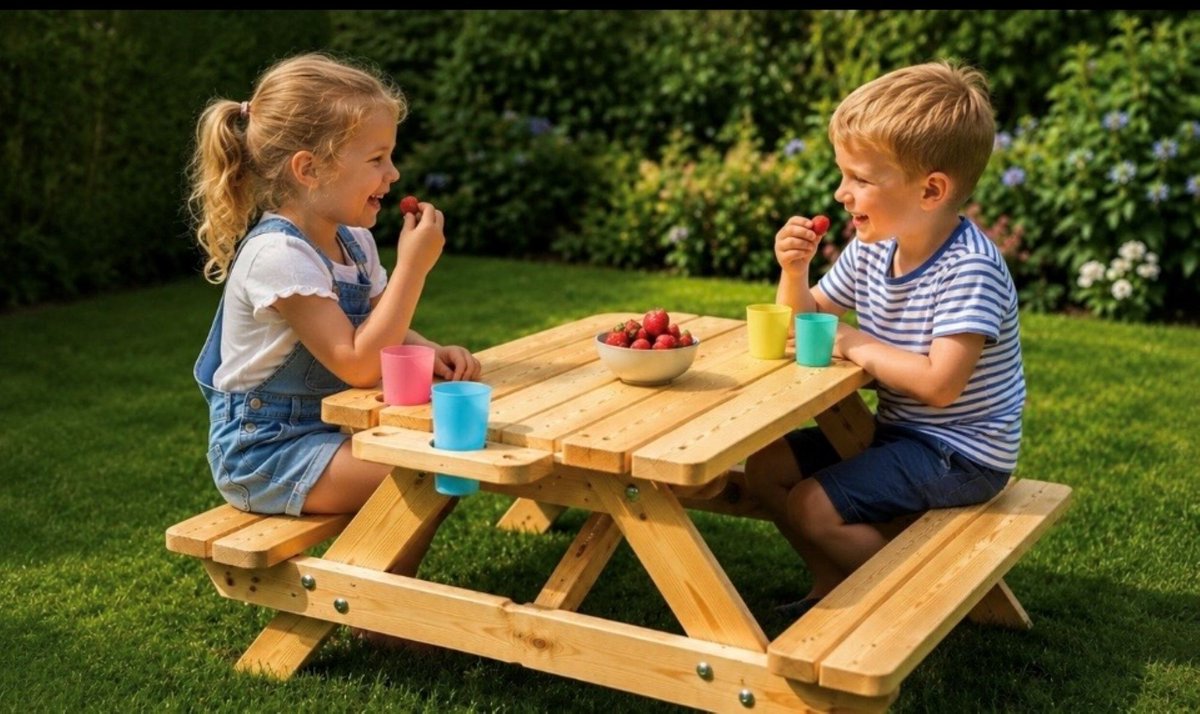 kinderpicknicktafel - Slim ontwerp met bekerhouders + 4 bekers - picknicktafel - tafel - tuintafel - zomer - parasol - kinderen -100x100x50