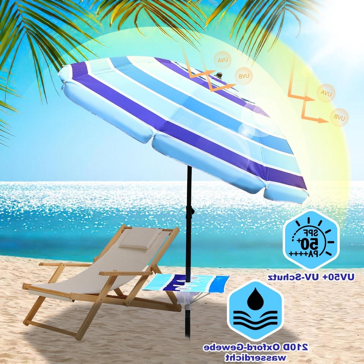 Strandparasol - Zonnescherm - Schaduw Creëren - Verstelbare Hellingshoek - Diameter 213 cm - Blauw Gestreept