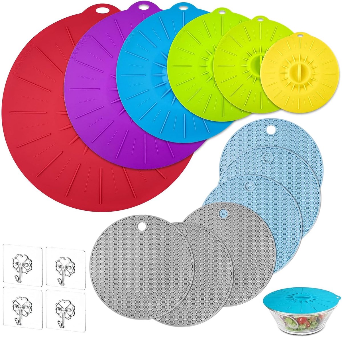 SnelShoppen - Universele Silicone Deksel Set, 6 Maten, Herbruikbare Silicone Lids met 6 Antislip Pads en 4 Plak Haakjes voor Kommen, Bekers, Blikken,