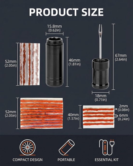 Tubeless Fietsreparatieset - Band Lek Reparatie - Snelle Bandenreparatie - Lijmloze Werking - Compact Formaat - Grijs — afbeelding 2