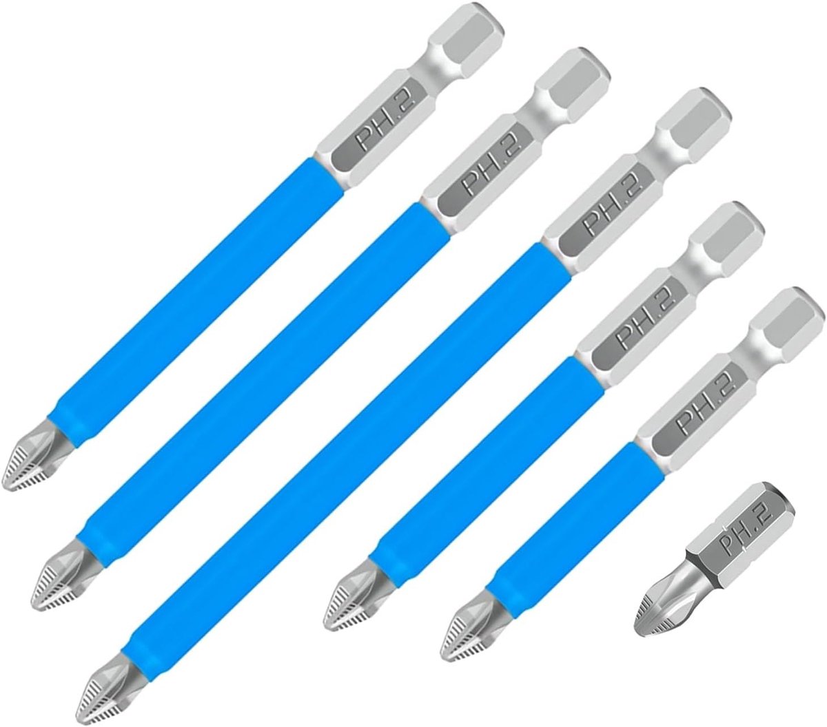 SnelShoppen - 6-delige PH2 schroefbit set, 1/4 inch hex shank, krachtige magnetische schroevendraaiers, 25mm, 50mm, 65mm, 70mm, 90mm, 127mm, S2 legeri