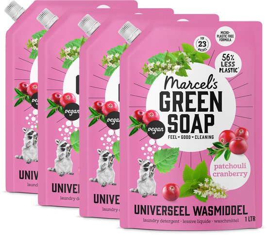 Marcel's Green Soap Universeel Wasmiddel Navulling - Patchouli & Cranberry - 4 x 1L - 92 wasbeurten