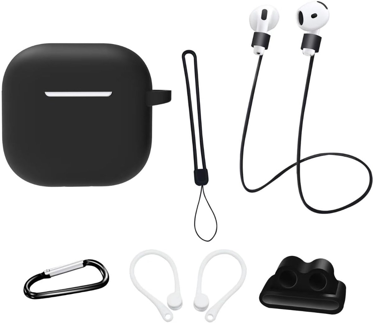 SnelShoppen - Silicone Beschermhoes Geschikt voor Apple Airpods 4 Gen (2024) - AIYAAIYA 8-in-1 Accessoireset met Horloge Stand, Sleutelhanger, Anti-Ve