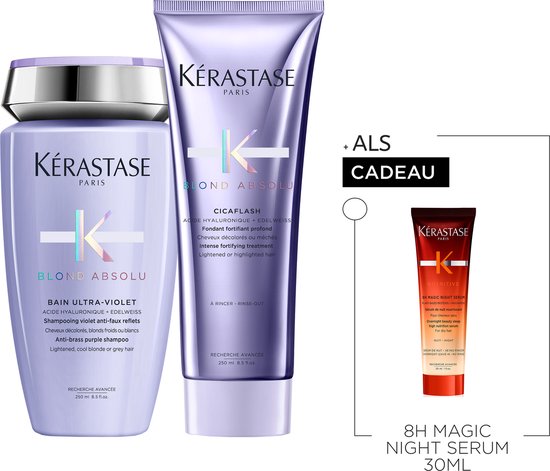 Kérastase Blond Absolu Bain Ultra-Violet et après-shampoing Cicaflash dans un emballage violet métallique, avec un sérum 8H Magic Night gratuit.