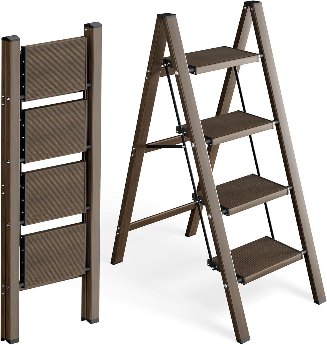 Trapladder 4 Treden - Opstapkruk Inklapbaar - Veilig Klussen - Antislip Treden - 150 kg Capaciteit - Walnoot Look
