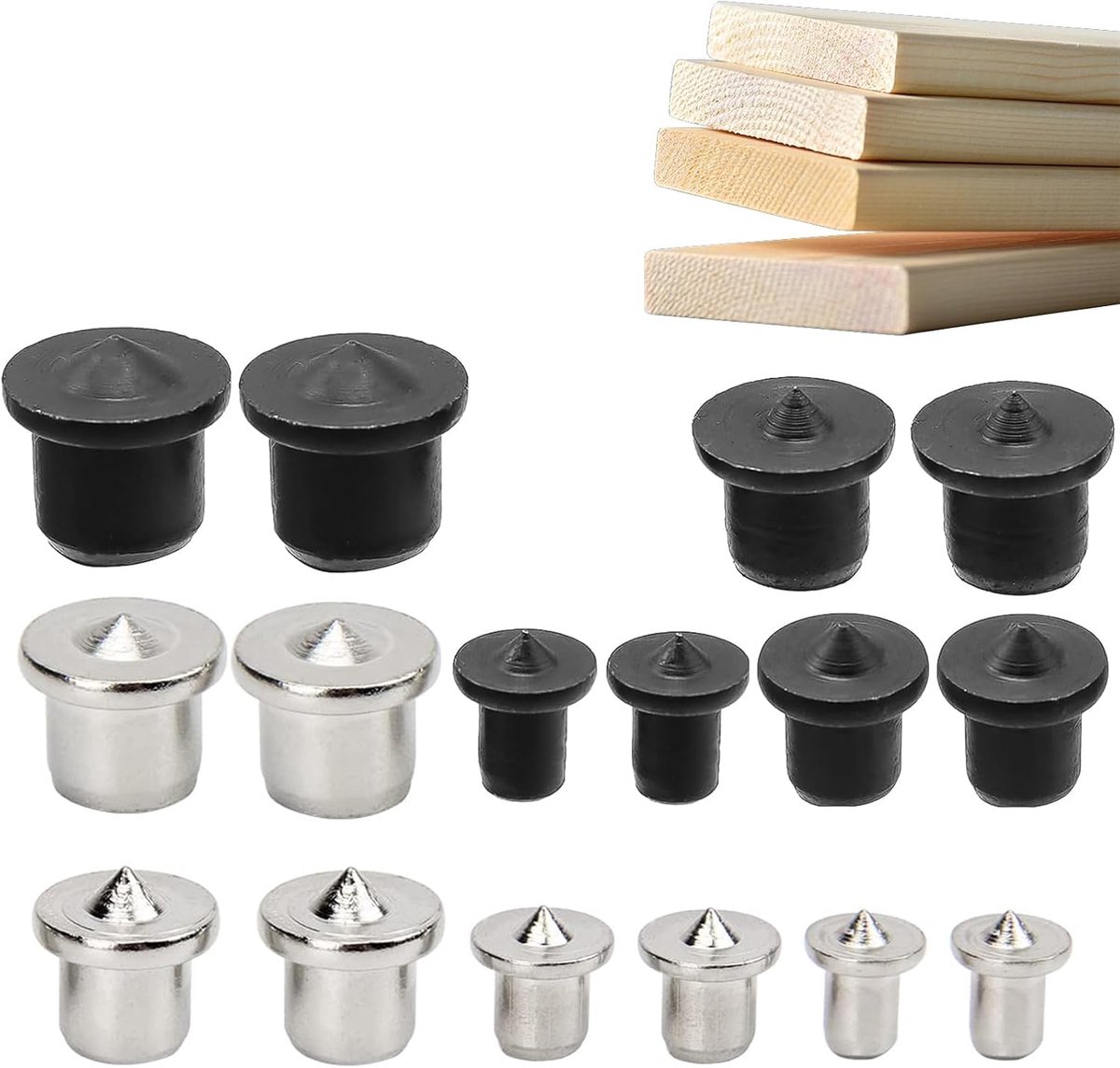 Pack of 16 Solid Carbon Steel Wooden Dowel Centering Points in Silver and Black Includes 6/8/10/12mm Duffel Hole Mark - ShopVlot