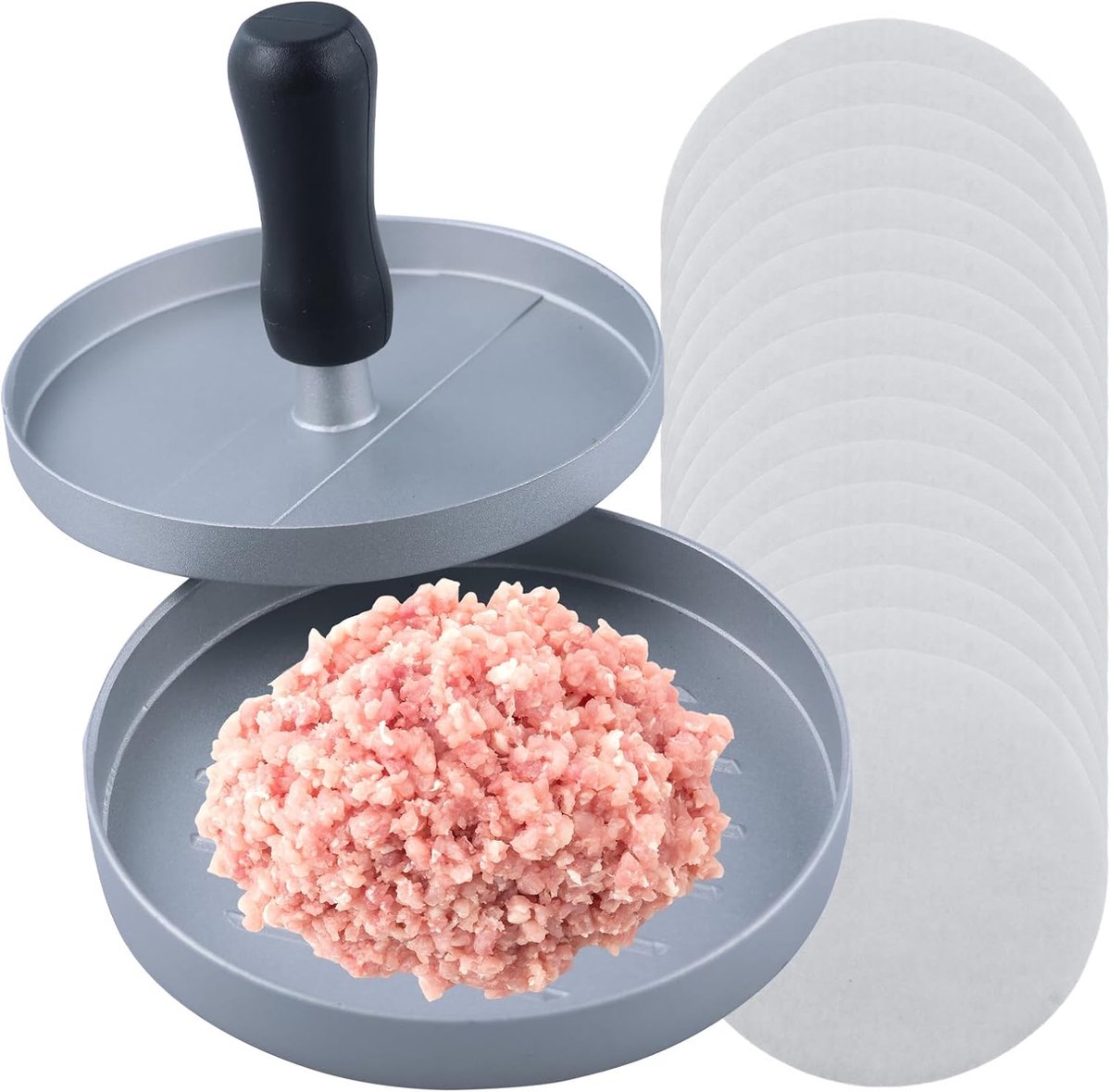 SnelShoppen - Hamburgerpers met 100 Bakpapier, Non-Stick Hamburgerpers voor Perfecte Burgers, Ergonomische Handgreep, Ideaal voor BBQ, Keuken en Tuin