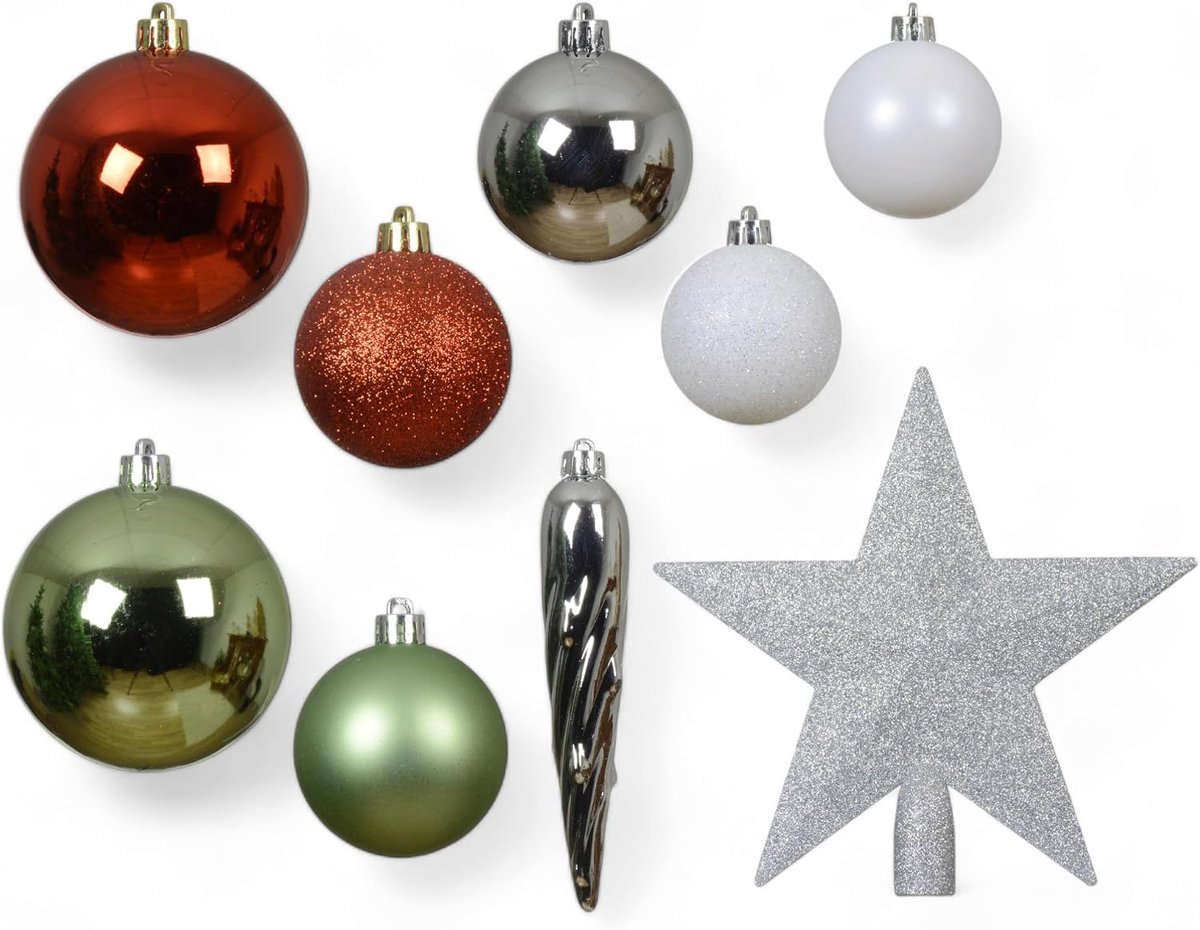 SnelShoppen - 33-delige Kerstballen Set, Shatterproof Plastic Kerstboom Versieringen met 29 Ballen en 3 IJspegels, Decoratieve Kerstdecoraties in Rood