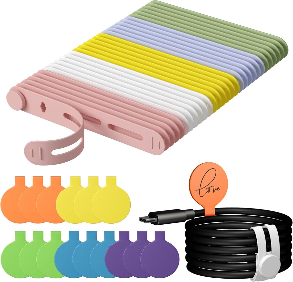 SnelShoppen - 45 Stuks Silicone Kabelbinders, Herbruikbare Kabel Labels, Kabel Organisator, Multi-kleurige Kabelbinders met Lettering Veld, Voor Kanto