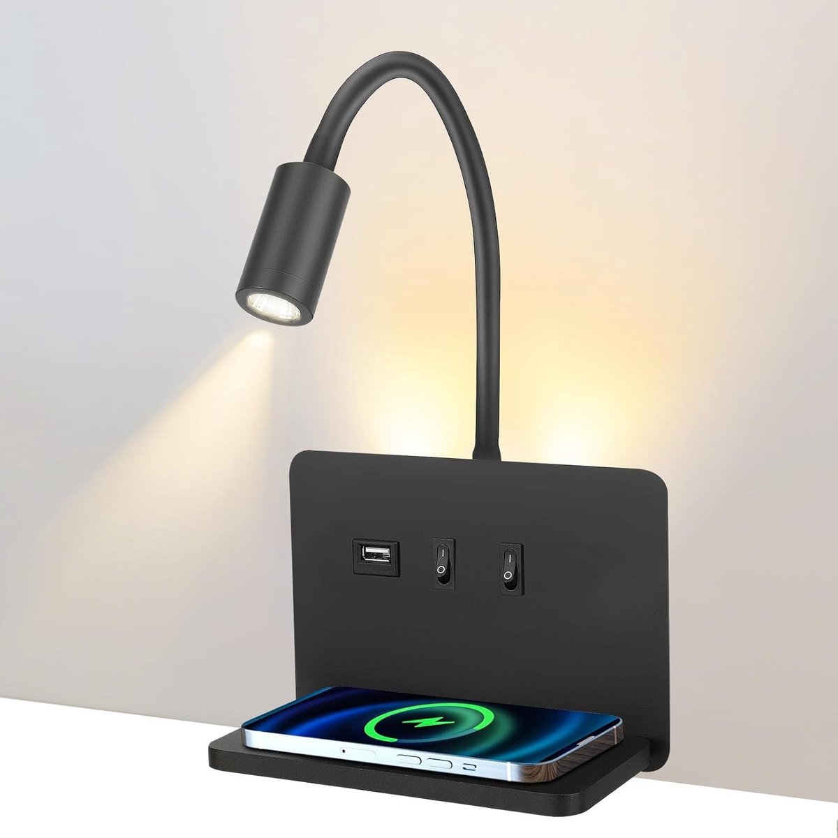 Leeslamp Wandmontage met USB - Zwart - 3W + 10W - Draadloze Oplader met 360° Draaibare Zwanenhals - Voor Slaapkamer