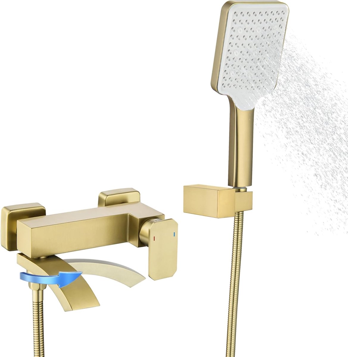 SnelShoppen - Badkranen met Douche, Geborsteld Goud Waterval Badkamer Mengkraan met 90° Draaischakelaars en 3 Functies Handdouche