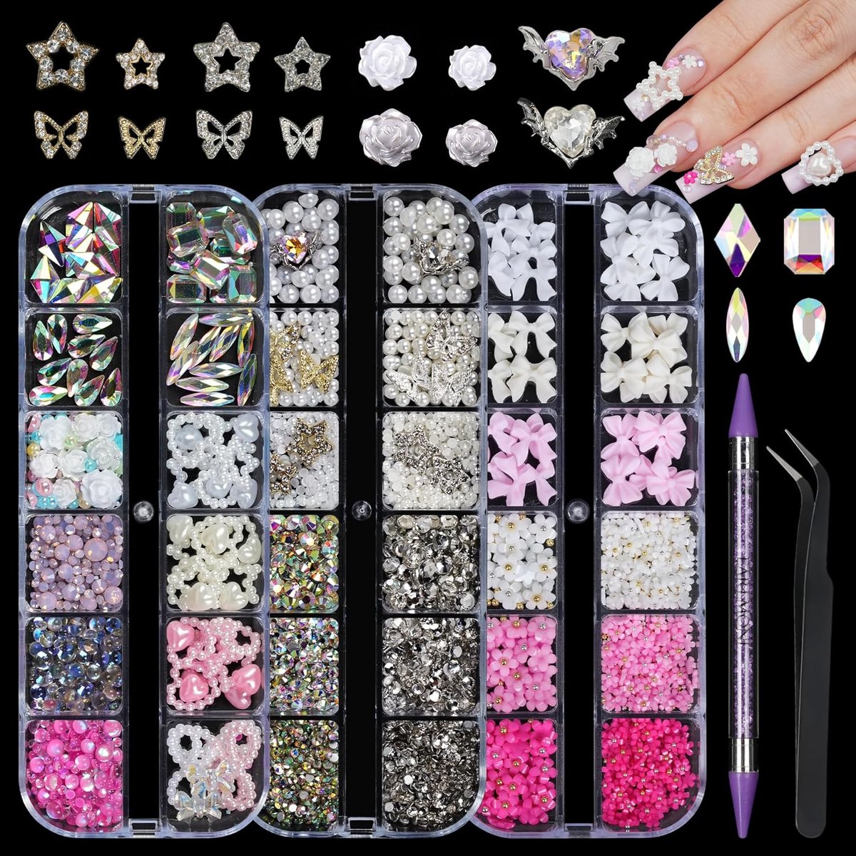 SnelShoppen - Rhinestones Nagels met 3D Bloem Strik Hart Nagel Charms Roze, Wit Beige Mini Nagel Kralen, Gouden Zilveren Nagel Kunst Parels Micro Kavi