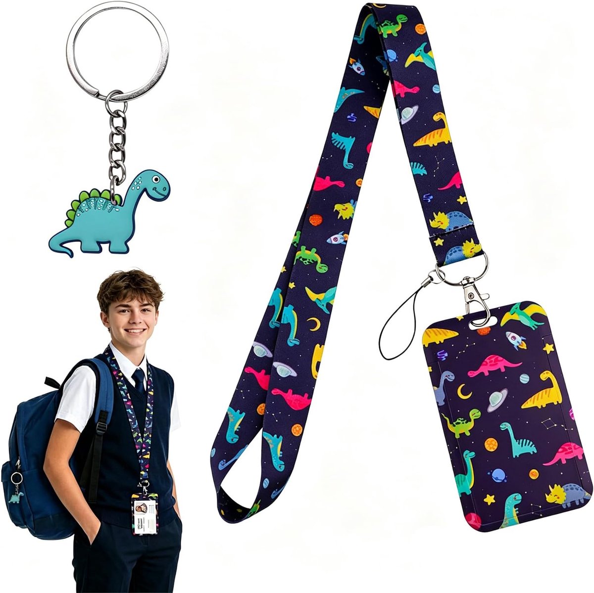 SnelShoppen - ID Kaarthouder met Schattige Dinosaurus Lanyard - Plastic ID Kaarthouder voor School, Bus en Meer - Comfortabele Ergonomische Band - Din