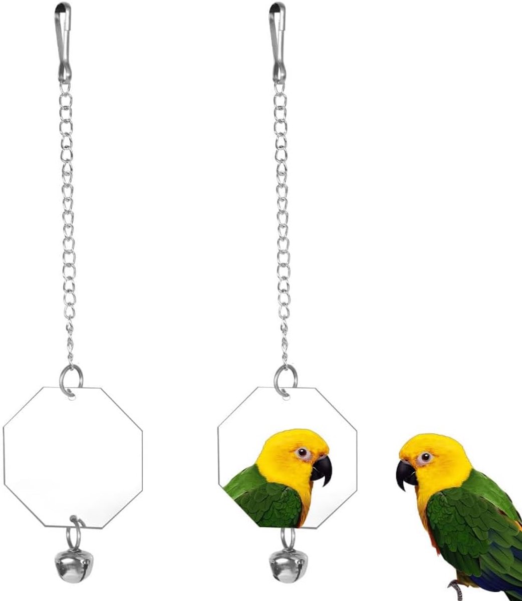 SnelShoppen - 2 Stuks Hangende Vogel Spiegel met Bel voor Parkiet, Cockerel, Conure, Lovebirds, Finch, Kanarie en Budgie - Stevig Acryl, Makkelijk te