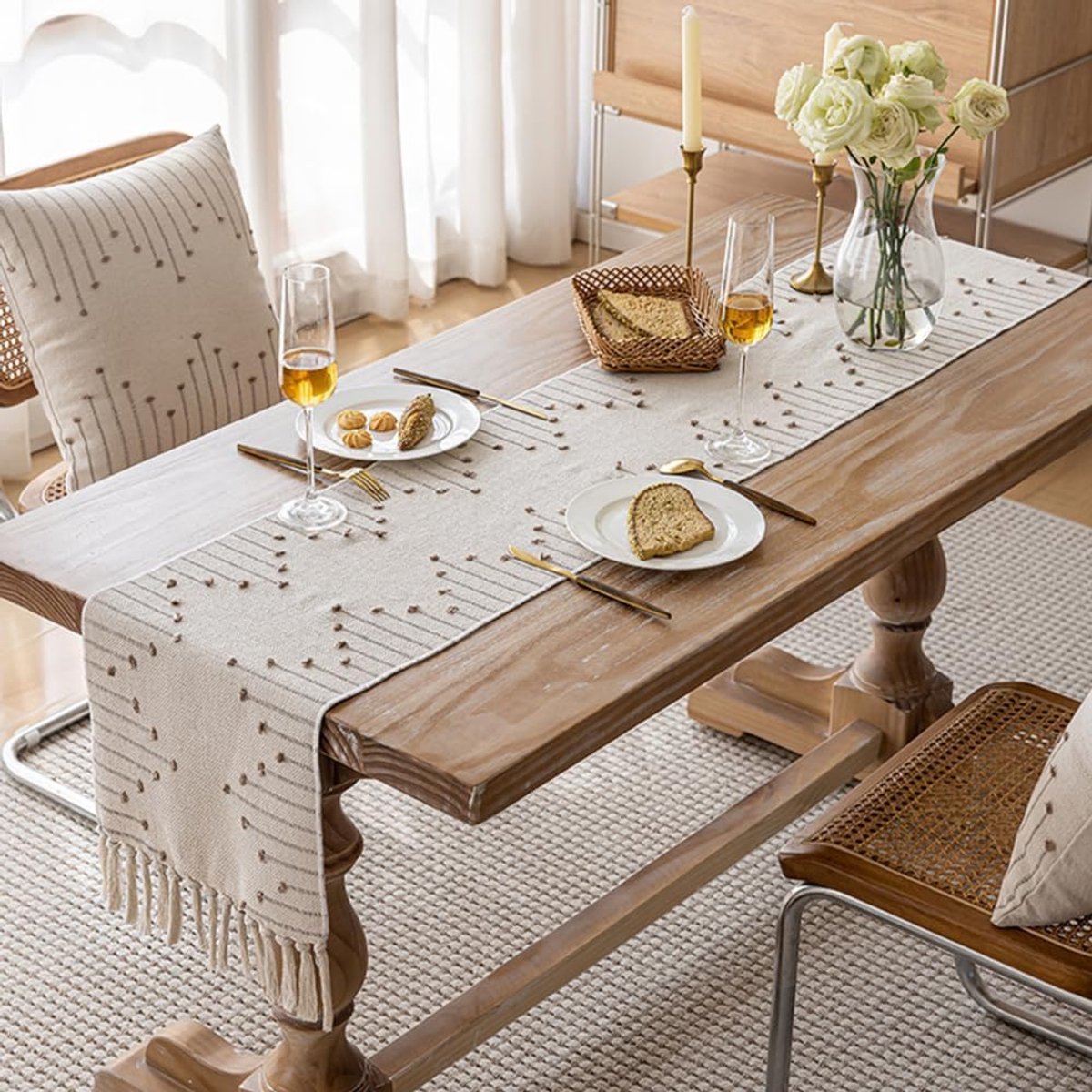 SnelShoppen - Table Runner, Ademend Keuken Eetkamer Tafelrunner, Makkelijk Schoon Te Maken, Katoenen Tassel Runner voor Feestdagen, Keuken en Eettafel