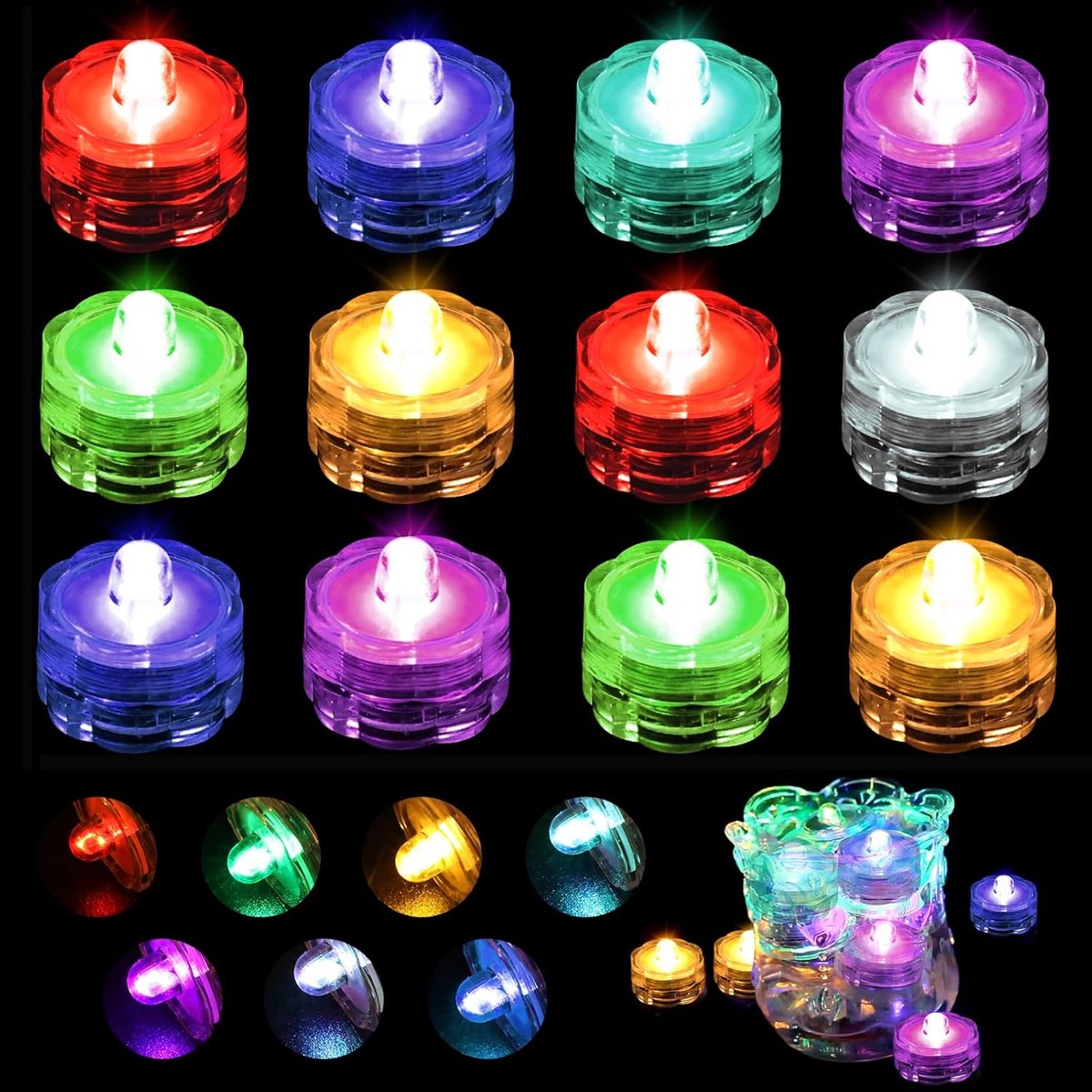 SnelShoppen - 12 Stuks Onderwater LED Lichten, Waterdichte Kaarsjes, Mini Theelichten voor Aquarium, Tuin, Vijver, Sfeerverlichting, IP68, Kleurvol, C