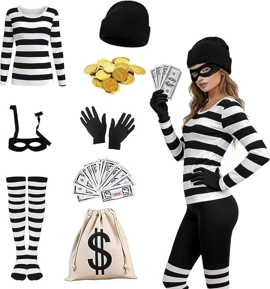 Halloween kostuumset voor dames, 9-delige inbreker en politie outfit, perfect voor carnaval en cosplay evenementen