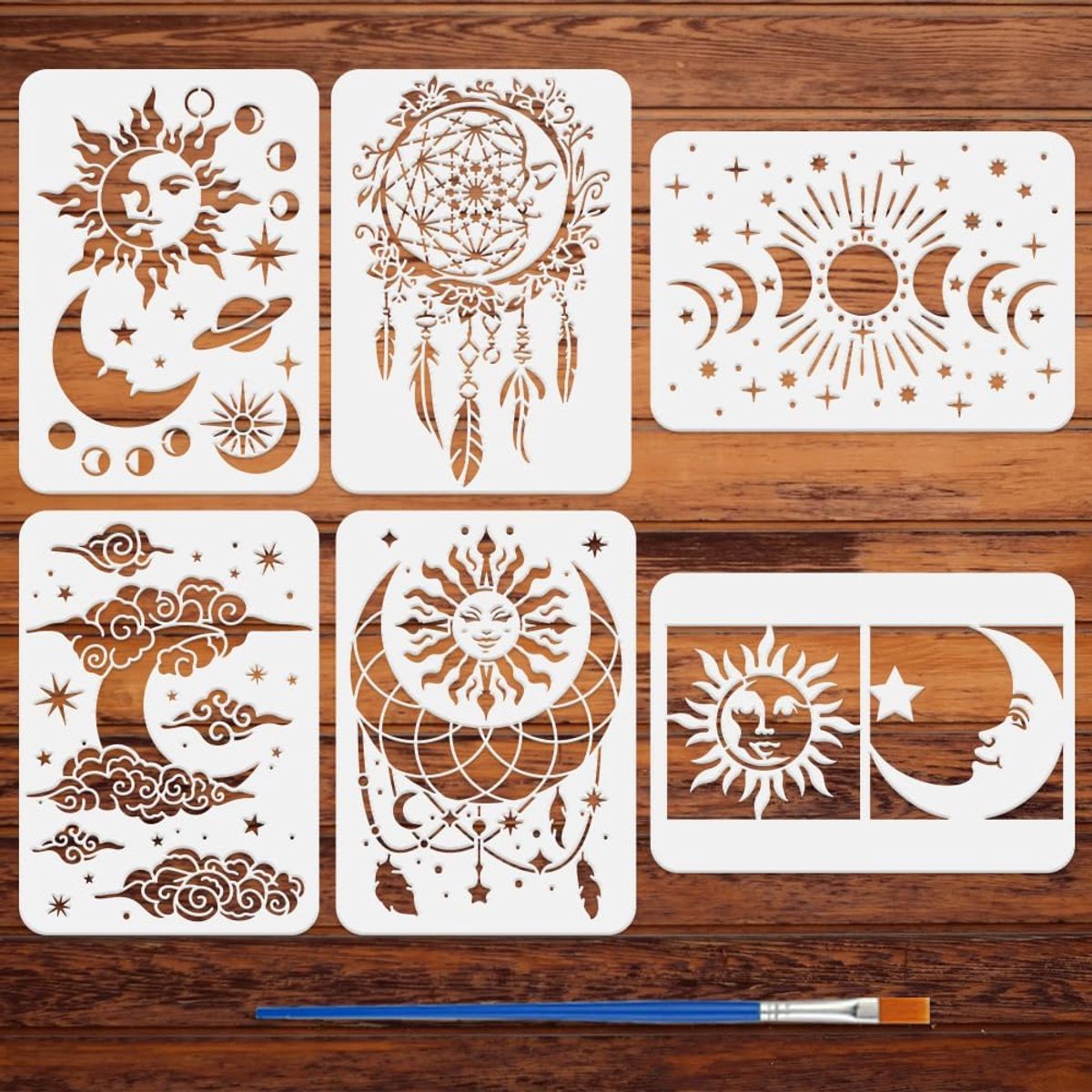 SnelShoppen - Set van 6 Herbruikbare Stencils met Zon, Maan, Sterren en Dromenvanger - A4 Formaat 21x29,7 cm voor Creatieve Decoratie van Vloeren en W