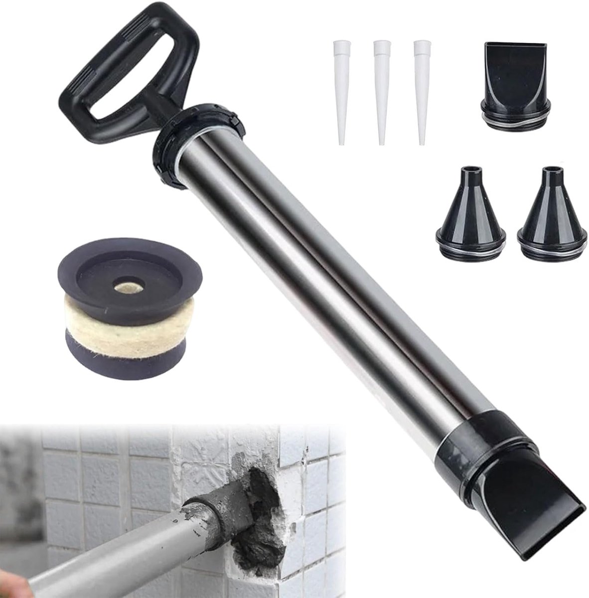 SnelShoppen - Mortar spuitpistool voor voegmortel, handmatige mortelpomp, RVS mortarejector met 4 spuitmonden en 3 rubbers, ideaal voor klussen in hui