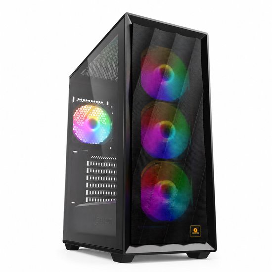 Zwarte gametoren met glazen zijkant, mesh voorkant en drie RGB-ventilators vooraan. Een geRGB-ventilator aan de zijkant.