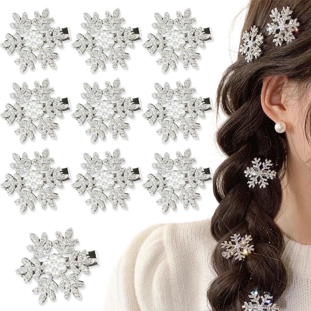 SnelShoppen - 10 Stuks Sneeuwvlok Haarspelden, Glitter Haaraccessoires met Shiny Rhinestones voor Vrouwen en Meisjes, Perfect voor Feestelijke Gelegen