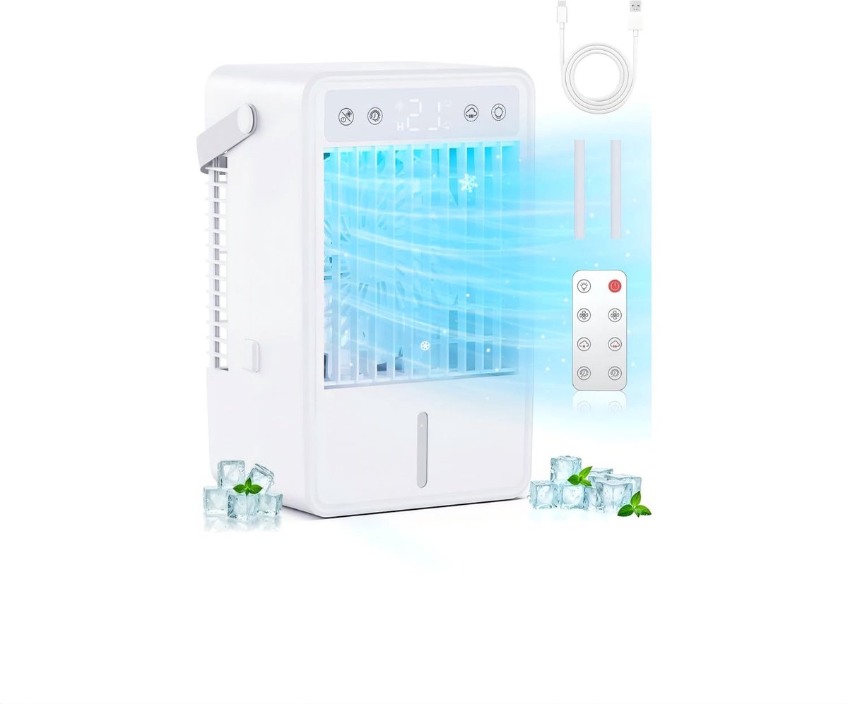 SnelShoppen - Draagbare Airconditioning, Stil 5-in-1 Mini Airco met Afstandsbediening, 1500 ml Tankkoeler, Timer 10 Uur, LED Licht voor Slaapkamer, Ka