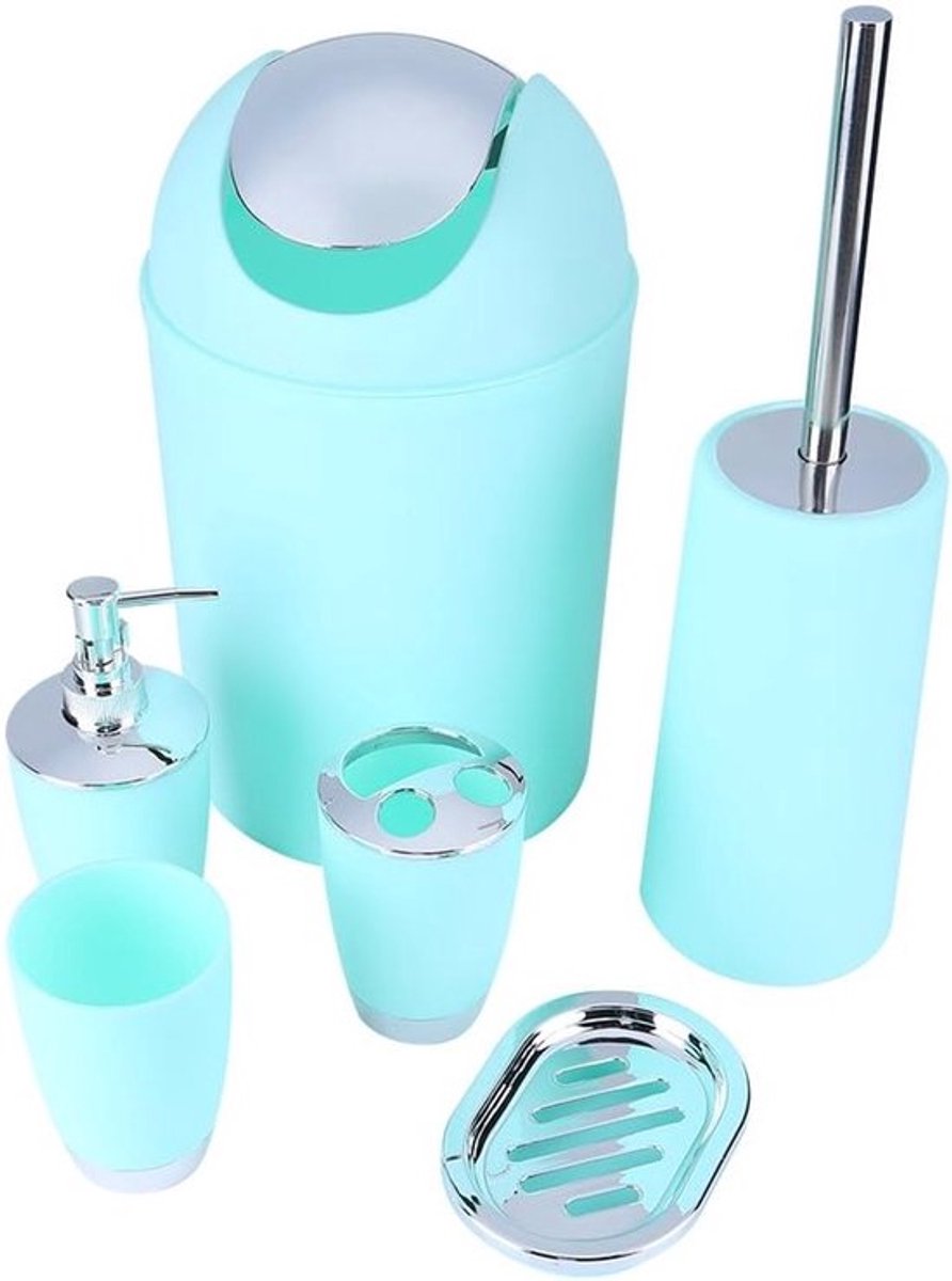 Complete Set van 6 Badkameraccessoires met Tandborstelhouder, Zeepdispenser en Vuilnisbak in Turquoise Kleur