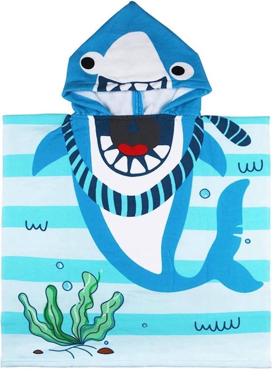Schattige Cartoon Badponcho voor Kinderen, Zachte en Absorberende Handdoek voor Jongens en Meisjes (Blauwe Gestreepte Haai)