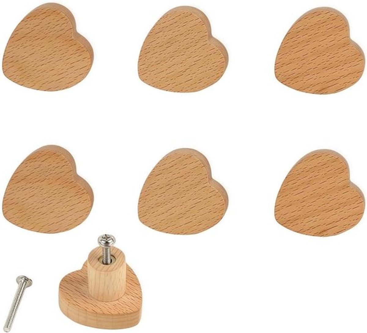 Houten Ladeknoppen in Hartvorm, 6 Stuks, Duurzaam en Natuurlijke Afwerking voor Kasten en Meubels