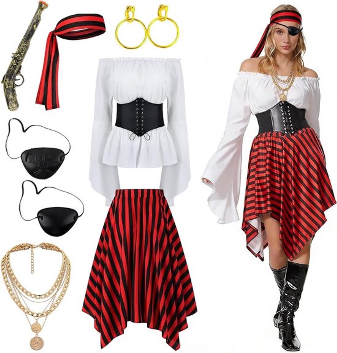 Vrouwen Piratenkostuum met Witte Blouse, Rode Rok en Corset voor Carnaval, Feest en Cosplay
