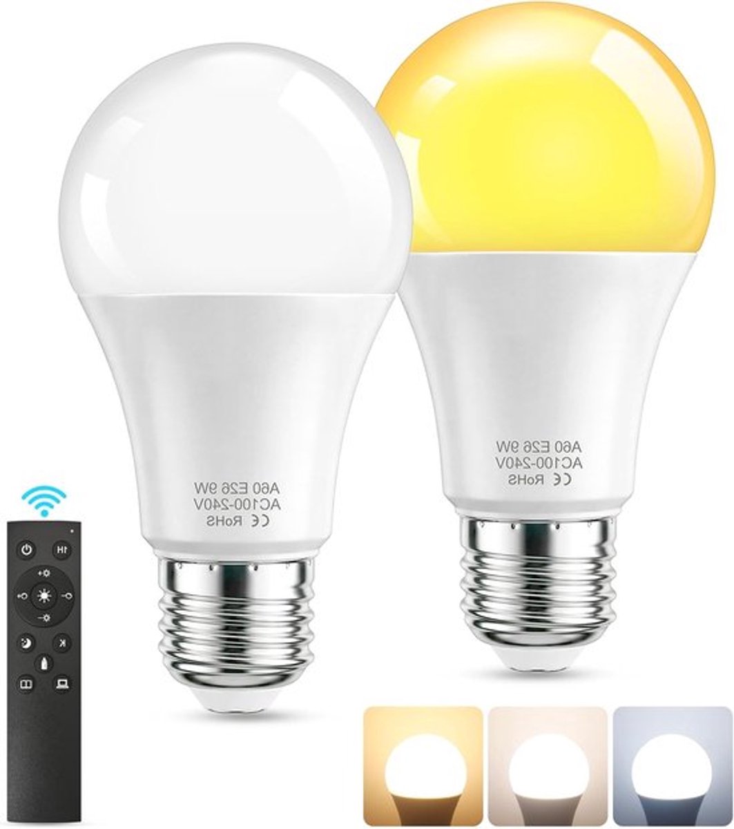 Dimbare E27 ledlamp met afstandsbediening, 9 W (vervangt 60 W), 3000 K-6500 K, timer en geheugenfunctie, set van 2 lampen