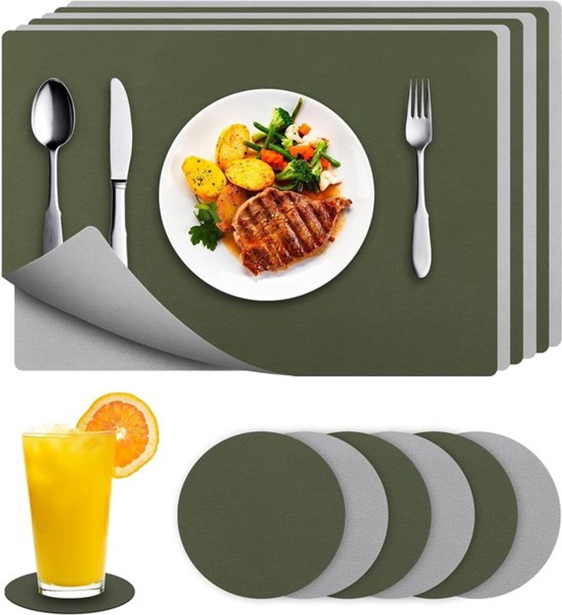Set van 6 Wasbare Leer Onderzetters, Dubbelzijdige en Antislip Placemats, Warmtebestendig voor Keuken en Eetkamer, 43 x 30 cm, Groen en Grijs