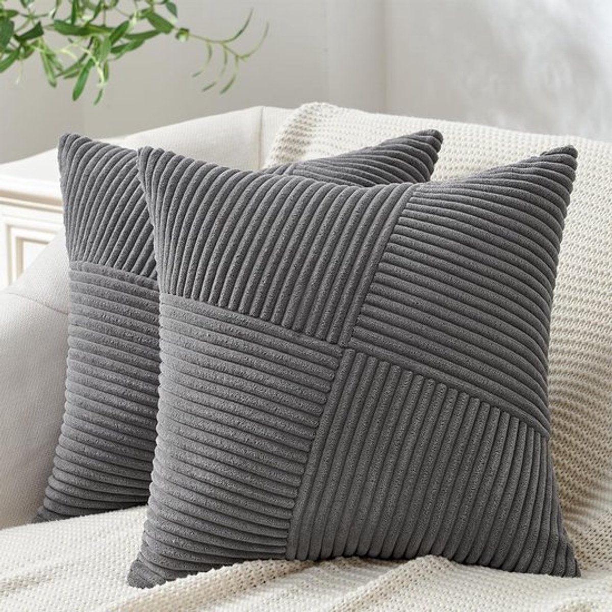 Decoratieve Kussenhoezen 60x60 cm Donkergrijs met Windmill Strepenpatroon - Set van 2, Perfect voor Woonkamer en Slaapkamer, Luxe Kussenhoezen voor Sofa en Bed