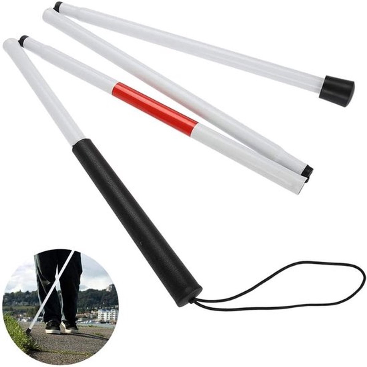 Vouwbare Aluminium Blindenstok met Antislip en Reflecterende Eigenschappen voor Verbeterde Mobiliteit en Ondersteuning (Lengte: 124 cm)