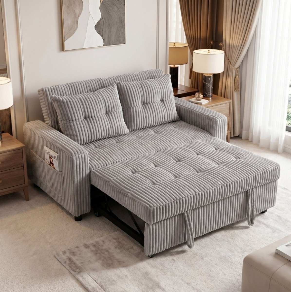 MIVRAY Slaapbank 2-Zits 157 Cm - Uitklapbaar Met Verstelbare Rugleuning En 2 Kussens - Voor Woonkamer En Logeerkamer - Polyester Corduroy Lichtgrijs