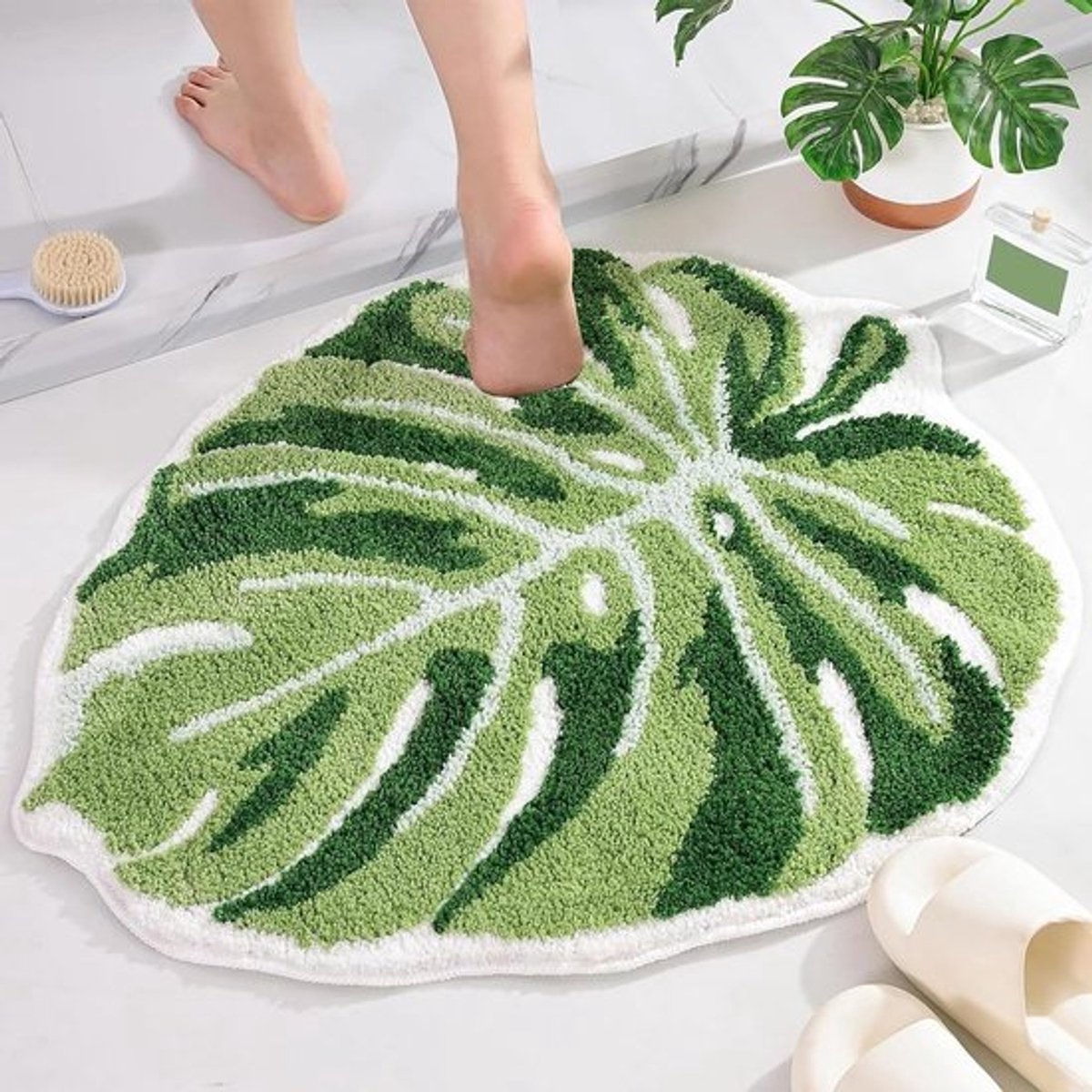 Antislip Badmat met Monstera Bladontwerp, Boho Stijl, Groene Badmat voor Douche en Badkuip, Waterabsorberend en Comfortabel