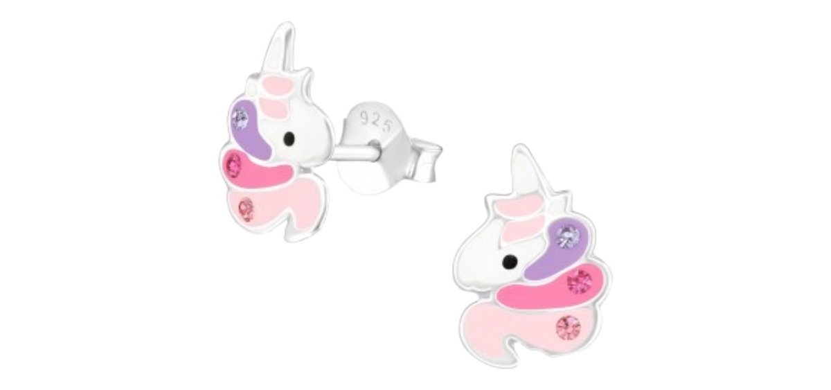 Zilveren eenhoorn oorbellen roze paars met kristalletjes - unicorn oorknoppen