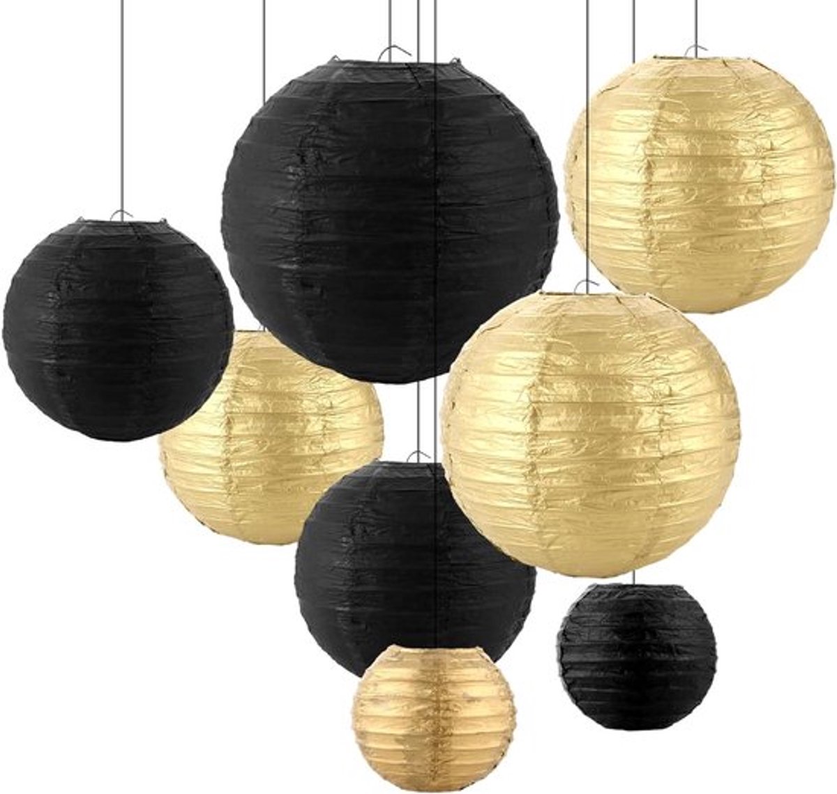 Set van 16 Zwarte en Gouden Papieren Lantaarns voor Bruiloften, Verjaardagen en Feesten - Rond 10-25 cm Decoratie