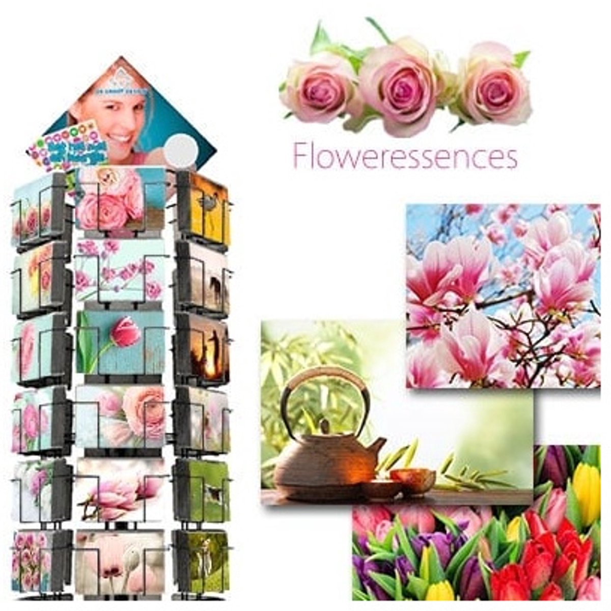 Floweressences 17x11cm complete serie inclusief display in bruikleen, topkaart en backcards