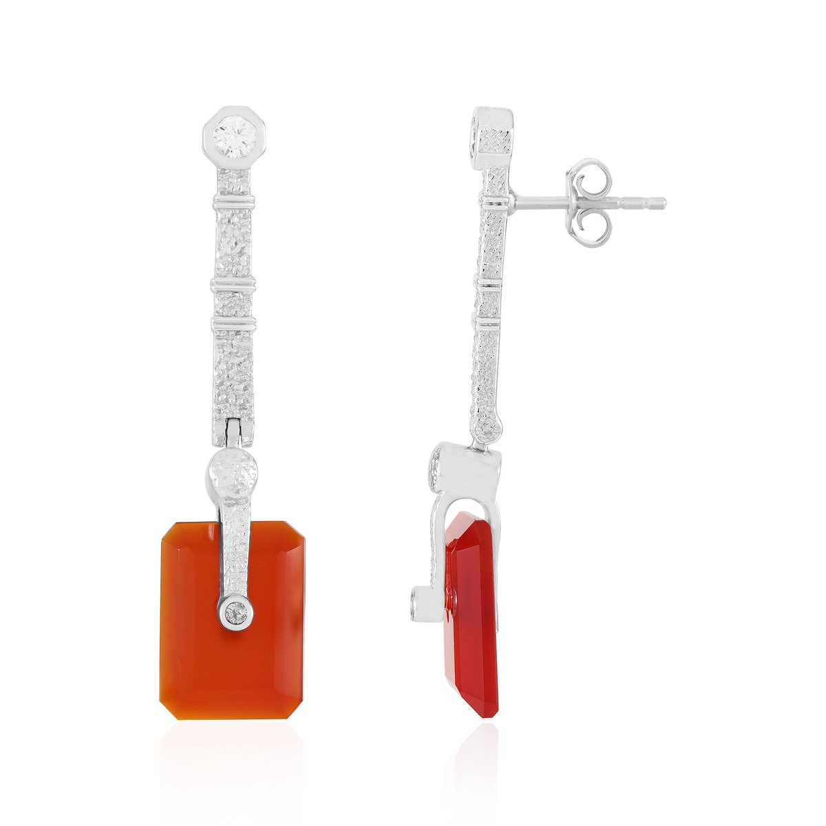 Cavill - Elegante Zilveren Oorhangers - 925 Sterling Zilver Gerhodineerd - Rode Onyx 6,768 ct - Achthoekige Edelstenen - Rond Zirkonia
